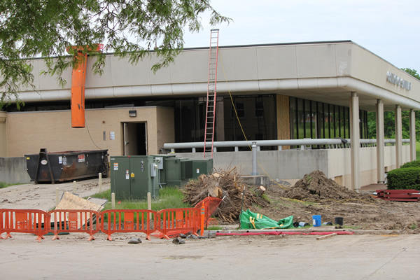 Exterior of Mercy Hall with Construction Paraphernalia